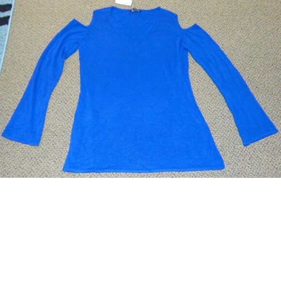Womens Sweater Roz & Ali Large Blue Long Sleeve Cold Shoulder V-Neck Top - Picture 1 of 3